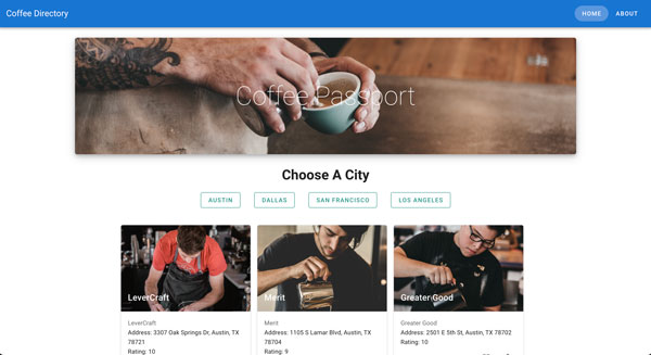 Coffee passport project, a directory for coffee shops in the United States.